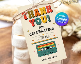 Etiqueta de agradecimiento retro, etiqueta editable para recuerdos de fiesta en Canva, etiqueta de cumpleaños imprimible, etiquetas de cinta de casete, etiqueta para recuerdos de fiesta, plantilla de etiqueta de regalo