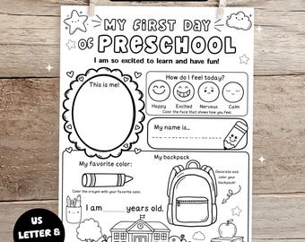 My First Day of Preschool  Coloring Page, First Day of School Printable, Back to School Activity Sheet, All About Me Worksheet PDF