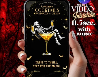 May include: A digital mobile invitation template featuring a skeleton lounging in a large martini glass, holding a drink. The black background includes gold text reading Costumes, Cocktails, Cauldrons & Chaos, and Dress to thrill. Stay for the magic.