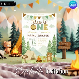 One Happy Camper Birthday Invitation, Bear Camping First Birthday Invitation, Happy Camper 1st Birthday Invite Boy, Canva Template Editable