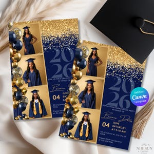 May include: Navy blue and gold graduation party invitations with photos of a graduate. The invitations feature the year "2026", the graduate's name, party details, and a gold glitter design. Includes a black graduation cap.