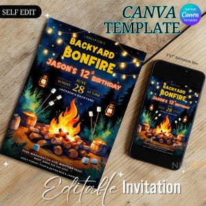Get ready for a cozy celebration under the stars with this backyard bonfire birthday invitation!  Perfect for outdoor-loving kids, this editable Canva template features warm firelight, marshmallows, and lanterns—ideal for a camping-style birthday party. bonfire birthday invite, campfire party card, kids backyard invite, editable camp party, canva birthday template, outdoor kids birthday, printable bonfire card, camping theme invite, summer night invite, self edit party card, marshmallow birthday