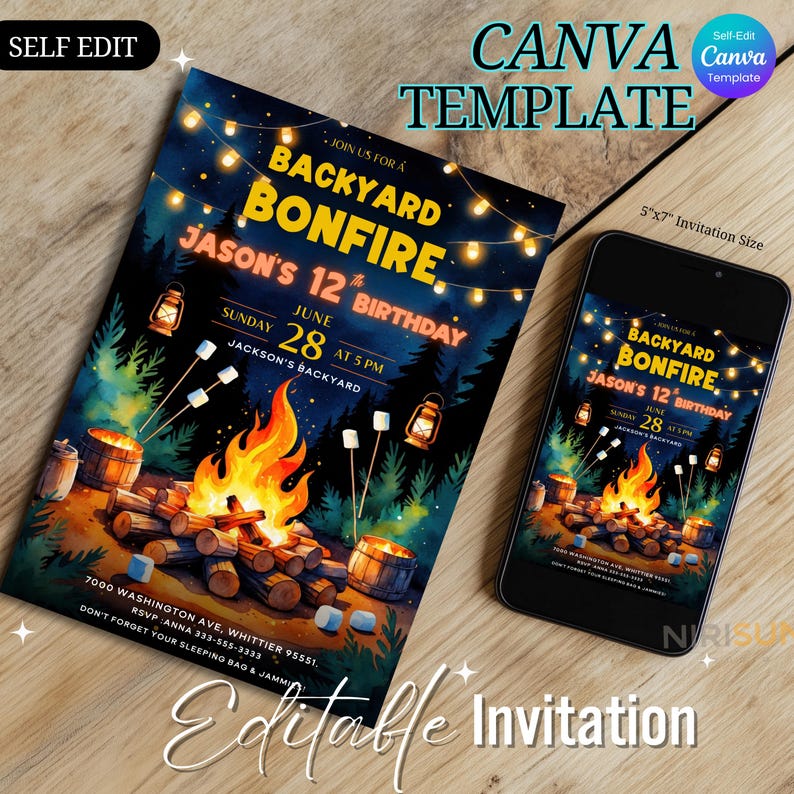 Get ready for a cozy celebration under the stars with this backyard bonfire birthday invitation!  Perfect for outdoor-loving kids, this editable Canva template features warm firelight, marshmallows, and lanterns—ideal for a camping-style birthday party. bonfire birthday invite, campfire party card, kids backyard invite, editable camp party, canva birthday template, outdoor kids birthday, printable bonfire card, camping theme invite, summer night invite, self edit party card, marshmallow birthday
