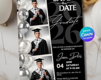 Graduation Photo Invitation Template, Class of 2026 Grad Party Invite, Black and silver Grad Invite, Senior Photo Invitation, Editable Canva