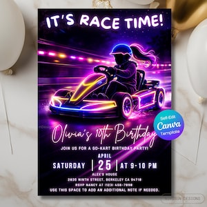 Puede incluir: Una invitación de cumpleaños con un tema de carreras de karts de neón. El texto "IT'S RACE TIME!" está en la parte superior. La invitación es para el décimo cumpleaños de Olivia, con detalles como la fecha, la hora y el lugar.