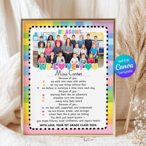 May include: Framed print featuring a teacher and students, with a colourful border. The text reads "REASONS WELOVEYOU Miss Carter" and includes a heartfelt message. The frame measures 20.32 x 25.4 cm.