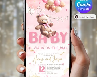 Convite editável para chá de bebê com balão de urso marrom, convite para chá de bebê "We Can Bearly Wait", convite digital para chá de bebê com laço rosa e urso boho