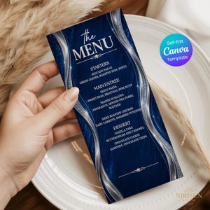 Editable Wedding Menu Template 4x9, Elegant Blue Silver Menu Card, Printable Dinner Menu, Event Menu Template, Instant Download Canva Menu