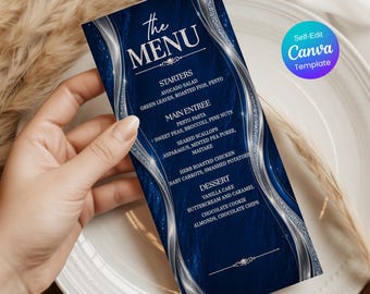 Edytowalny szablon menu weselnego 4x9, Elegancka niebiesko-srebrna karta menu, Wydrukowane menu na kolację, Szablon menu na imprezę, Menu Canva do pobrania natychmiast