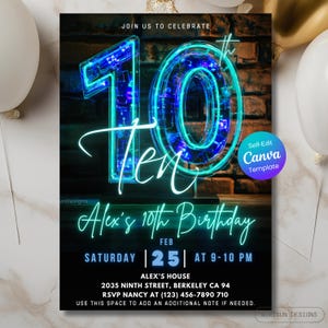 10th Birthday Invitation, Neon 10th Birthday, Blue Glow Party for Boys, Editable Canva Template, Digital Download, Printable, Digital Invite