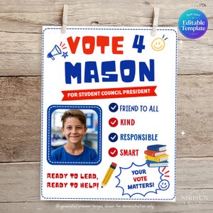 Könnte beinhalten: Ein Wahlplakat für den Schülersprecher mit dem Text VOTE 4 MASON, einem Foto eines jungen Menschen, einer Liste von Eigenschaften wie freundlich, nett, verantwortungsbewusst und klug, einer Bleistiftzeichnung und dem Text YOUR VOTE MATTERS.