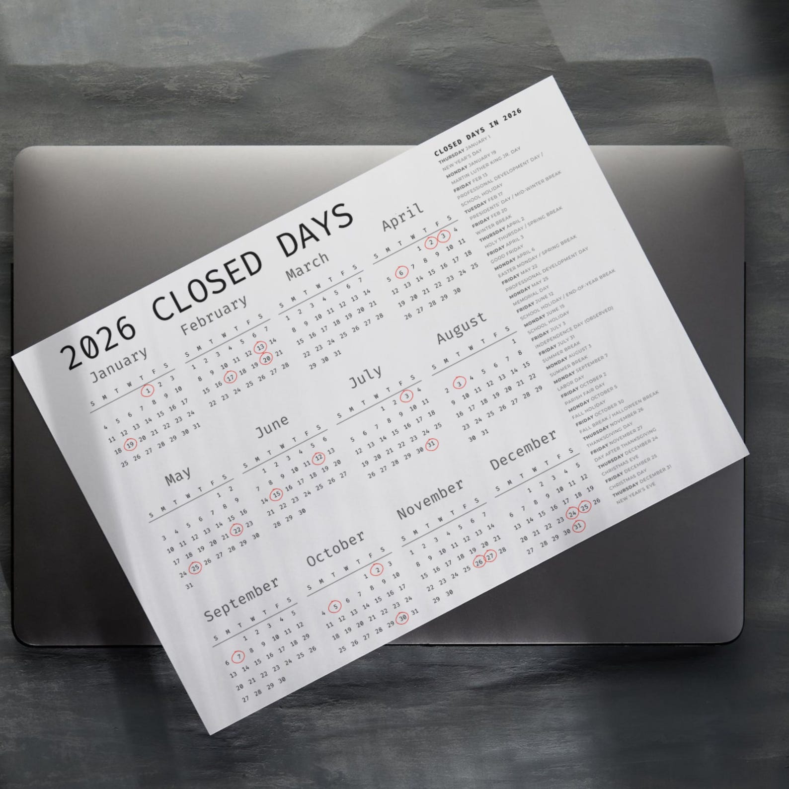 2026 Daycare Closed Days Calendar, Preschool Childcare Holiday Schedule ...