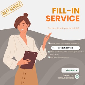 Puede incluir: Ilustraci&oacute;n de una mujer con una carpeta, promocionando un "Servicio de Relleno". La imagen presenta el texto "Mejor Servicio" y "Servicio de Relleno". Se incluyen instrucciones para visitar la p&aacute;gina de inicio y buscar "Servicio de Relleno".