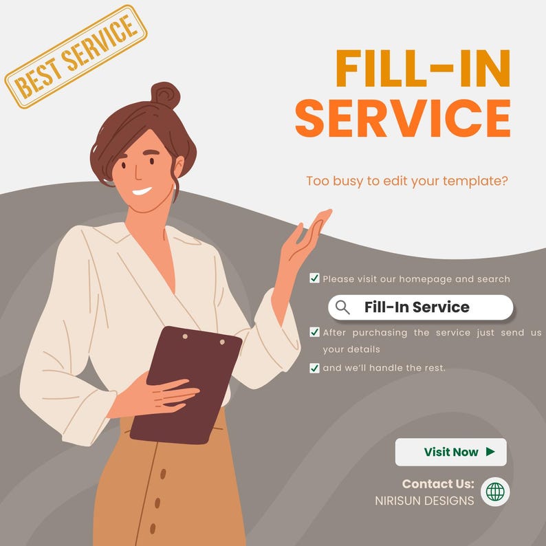 Puede incluir: Ilustraci&oacute;n de una mujer con una carpeta, promocionando un "Servicio de Relleno". La imagen presenta el texto "Mejor Servicio" y "Servicio de Relleno". Se incluyen instrucciones para visitar la p&aacute;gina de inicio y buscar "Servicio de Relleno".