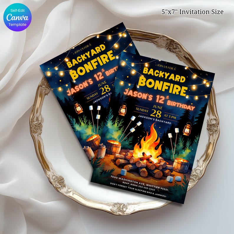 Get ready for a cozy celebration under the stars with this backyard bonfire birthday invitation!  Perfect for outdoor-loving kids, this editable Canva template features warm firelight, marshmallows, and lanterns—ideal for a camping-style birthday party. bonfire birthday invite, campfire party card, kids backyard invite, editable camp party, canva birthday template, outdoor kids birthday, printable bonfire card, camping theme invite, summer night invite, self edit party card, marshmallow birthday