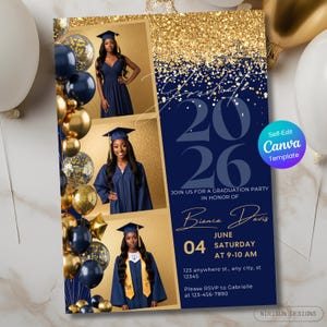 May include: A navy blue and gold graduation party invitation. The design includes three photos of a graduate, the year 2026, and event details. The text reads "Join us for a graduation party in honour of Bianca Davis."
