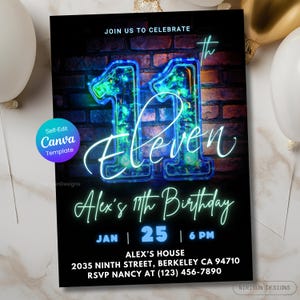 ネオンブルーの11歳の誕生日招待状 - 輝くパーティーCanvaテンプレート、男の子向け輝くパーティー、編集可能な印刷可能な誕生日パーティー招待状、デジタル