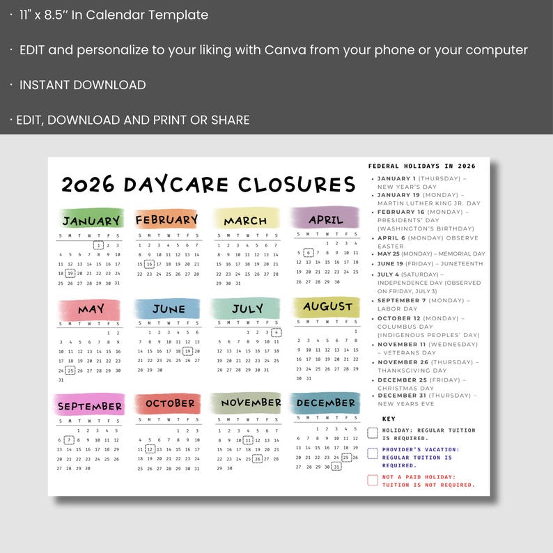 Editable 2026 Daycare Closure Calendar Template, Printable Canva ...