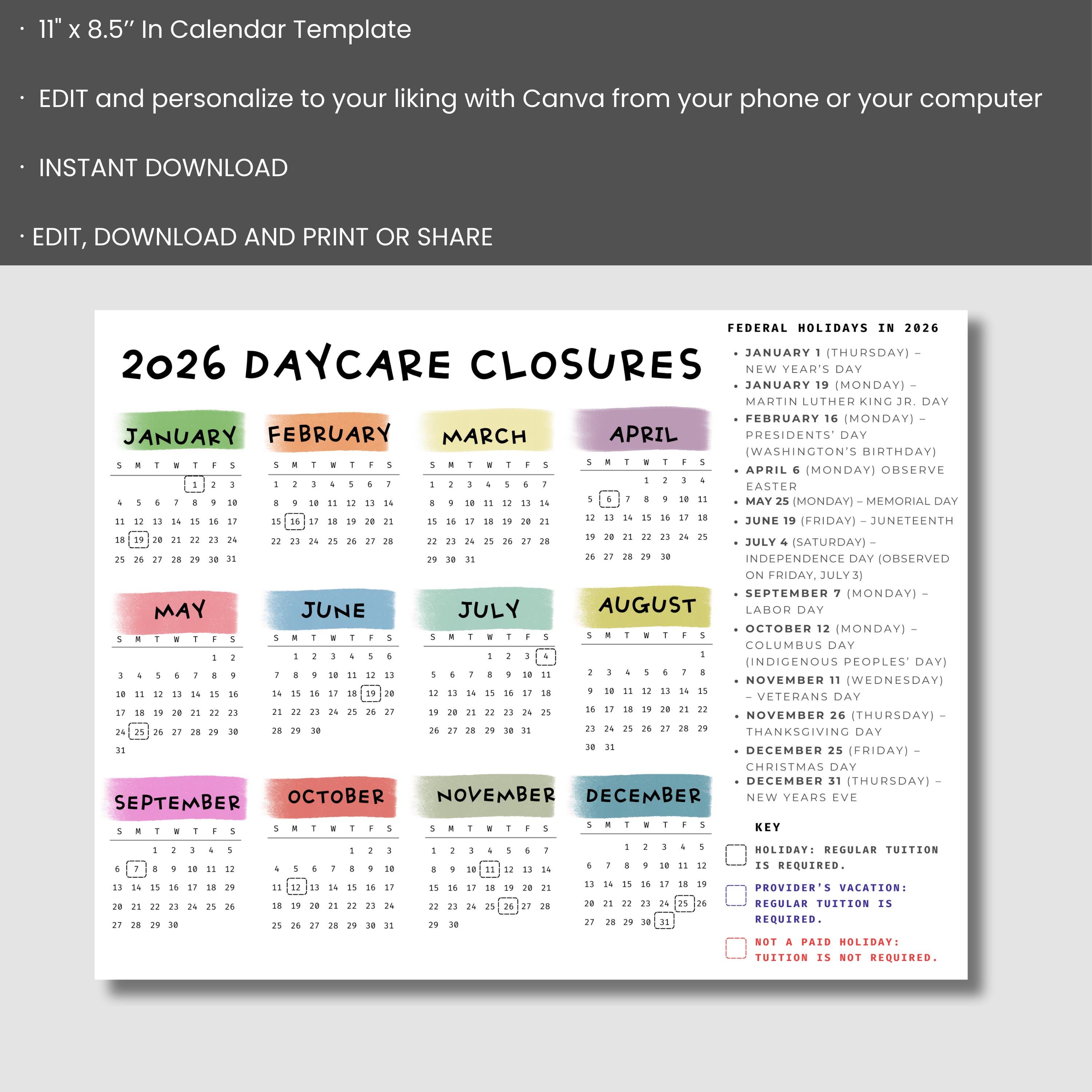 Editable 2026 Daycare Closure Calendar Template, Printable Canva ...