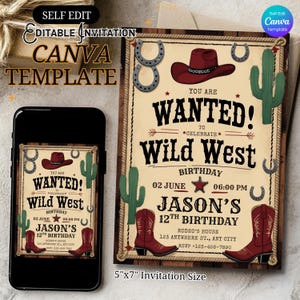 Convite de aniversário de cowboy do oeste selvagem, modelo de aniversário country editável Canva, convite de festa de cowboy para impressão para crianças ou adolescentes