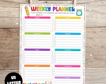 Printable Weekly Planner for Kids, Rainbow Weekly To Do List, Planner Page, Classroom Organizer Sheet, Student Weekly Checklist, US Letter