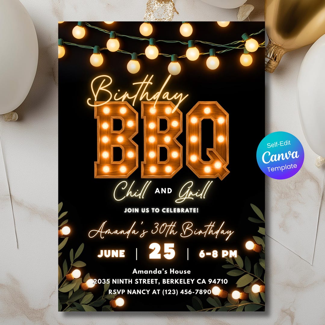 BBQ Birthday Invitation, Editable Grill and Chill Party Canva Template ...