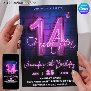 14th Birthday Invitation – Neon Pink Glow Party for Girls, Editable Canva Template, Digital Download, Printable Teen Birthday Party Invite