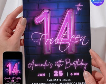 May include: A 5x7 inch invitation for a 14th birthday party. The invitation features a neon pink sign with the number 14 and the word "Fourteen" in a cursive font. The background is a dark brick wall. The text on the invitation reads "Join us to celebrate Amanda's 14th Birthday", "Jan 25 | 6 PM", "Amanda's House", "2035 Ninth Street, Berkeley CA 94710", and "RSVP Nancy at (123) 456-7890".