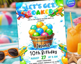 Water Balloon Birthday Invitation, Water Balloon Invite, Editable Canva Template, Summer Pool Party Kids Invite, Backyard Splash Water Card