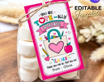 Teacher Tote Gift Tag Printable, Tote-ally Amazing Teacher Tag, Teacher Appreciation Gift Tag, End of Year Teacher Gift, Editable Template