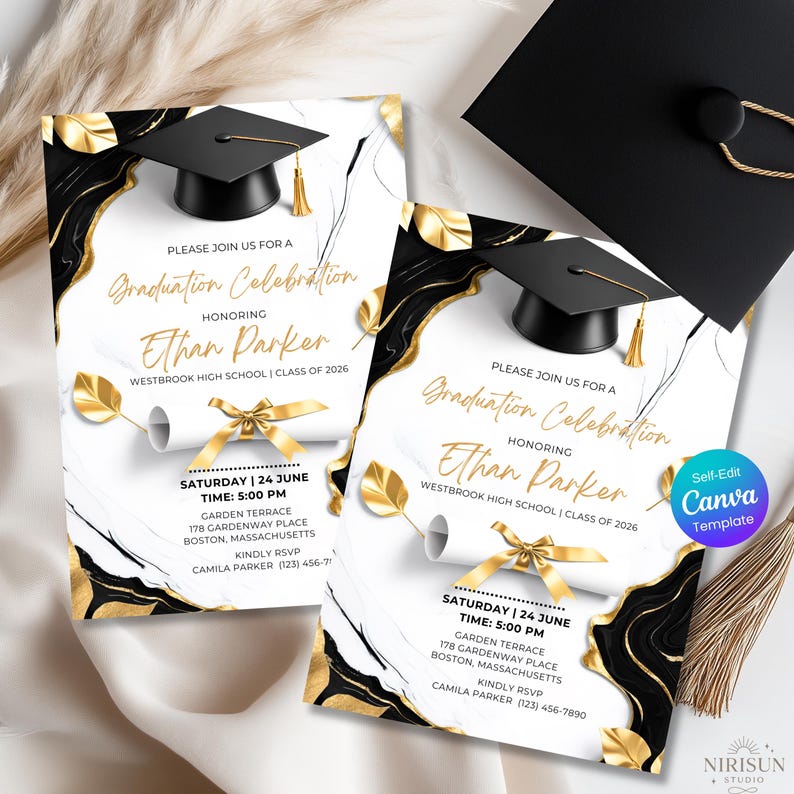 Black Gold Graduation Party Invitation, Class of 2026 Invite ...