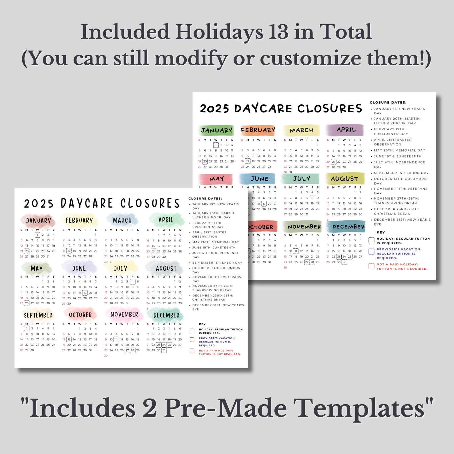 Editable 2025 Daycare Closure Calendar Template, Printable Canva ...