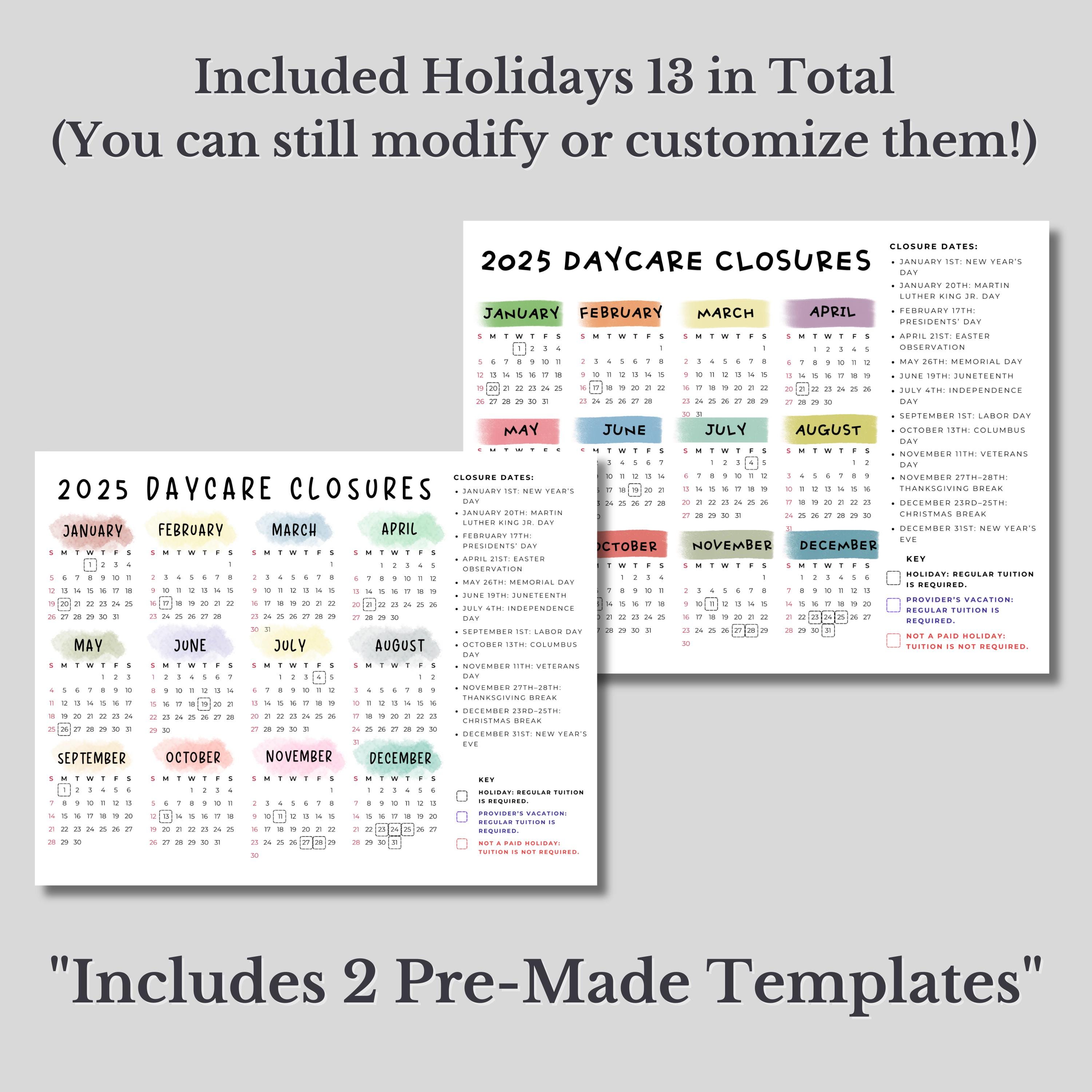 Editable 2025 Daycare Closure Calendar Template, Printable Canva ...