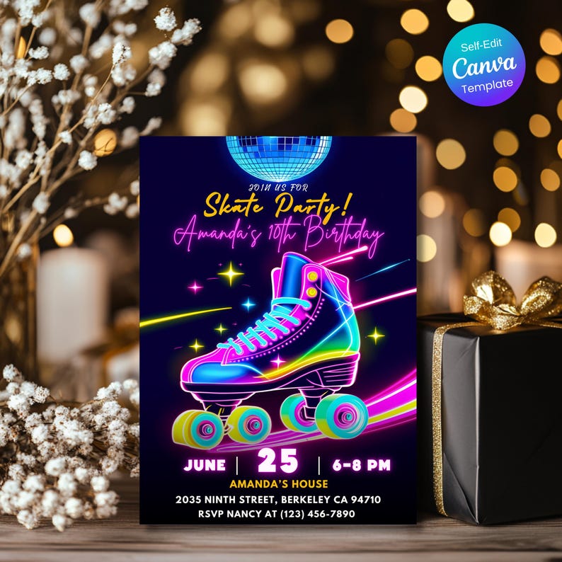 Editable roller skate birthday invitation with neon glow design and disco ball. Canva template for kids or teen party printable digital download. roller skate birthday, neon birthday invite, skate party invitation, editable invite, Canva template, disco birthday invite, glow party invitation, girls birthday invite, boys birthday invite, printable invite, kids birthday invite, teen party invitation, roller rink invite