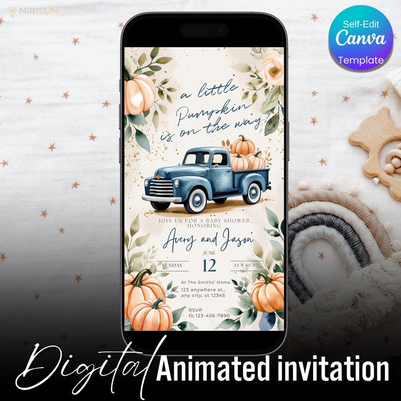 Digital Little Pumpkin Baby Shower Invitation, Editable Blue Truck Fall Shower Invite, Autumn Baby Shower Canva Template, Instant Download
little pumpkin invite, blue truck baby shower, fall baby shower invite, autumn baby shower card, editable pumpkin template, digital fall shower, canva baby shower card, instant download invite, pumpkin truck invite, fall shower printable, rustic pumpkin invite, baby shower for boy, autumn party invitation