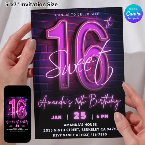 Sweet 16 Birthday Invitation, Neon Pink Party for Teen Girls, Editable Canva Template, 16th Birthday Invite, Digital Download Printable Card