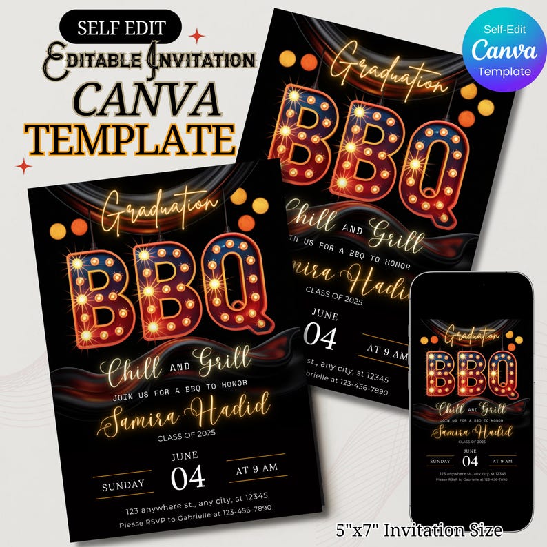 graduation bbq invite, chill and grill template, editable grad party card, canva bbq invitation, backyard grad party invite, printable bbq invite, fun graduation template, neon bbq invitation, grad party cookout card, class of 2025 invite, graduation cookout invite, self edit bbq invite, casual grad celebration, bbq party invitation, graduation party, bbq invitation, graduation dinner, chill and grill, celebrate the grad, graduation bbq, graduation cookout, barbecue invitation, grad party evite