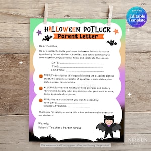 Op de afbeelding: Een Halloween Potluck ouderbriefsjabloon met een geschulpt wit midden en een verloopachtergrond van groen, oranje en paars. De tekst bevat evenementdetails, RSVP-regels en een stripfiguur verkleed in een zwart vleermuiskostuum.