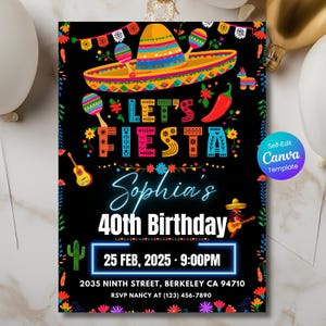 Fiesta Birthday Invitation, Mexican Theme Party Invite, Editable Canva Template, Digital Download, Colorful Sombrero Celebration Printable