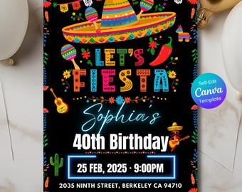 Fiesta Birthday Invitation, Mexican Theme Party Invite, Editable Canva Template, Digital Download, Colorful Sombrero Celebration Printable