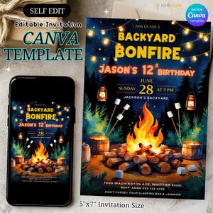 Get ready for a cozy celebration under the stars with this backyard bonfire birthday invitation!  Perfect for outdoor-loving kids, this editable Canva template features warm firelight, marshmallows, and lanterns—ideal for a camping-style birthday party. bonfire birthday invite, campfire party card, kids backyard invite, editable camp party, canva birthday template, outdoor kids birthday, printable bonfire card, camping theme invite, summer night invite, self edit party card, marshmallow birthday