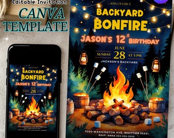 Backyard Bonfire Birthday Invitation Template Editable in Canva, Campfire Birthday Invitation, Adventure Forest Camp Birthday Invitation
