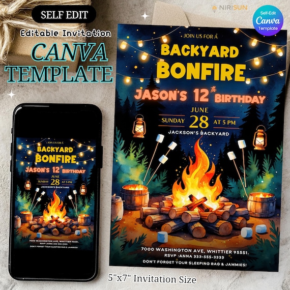 Backyard Bonfire Birthday Invitation Template Editable in Canva, Campfire Birthday Invitation, Adventure Forest Camp Birthday Invitation