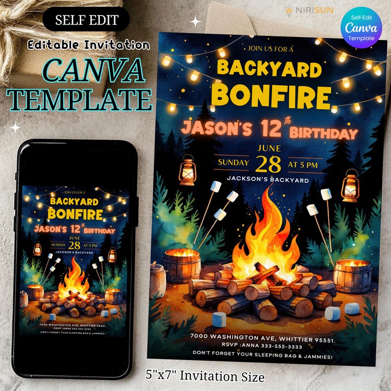 Get ready for a cozy celebration under the stars with this backyard bonfire birthday invitation!  Perfect for outdoor-loving kids, this editable Canva template features warm firelight, marshmallows, and lanterns—ideal for a camping-style birthday party. bonfire birthday invite, campfire party card, kids backyard invite, editable camp party, canva birthday template, outdoor kids birthday, printable bonfire card, camping theme invite, summer night invite, self edit party card, marshmallow birthday
