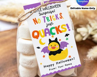 Halloween Duck Gift Tags Editable Name, No Tricks Just Quacks, Cute Rubber Duck Treat Tags, Printable Halloween Tags with Bonus PDF