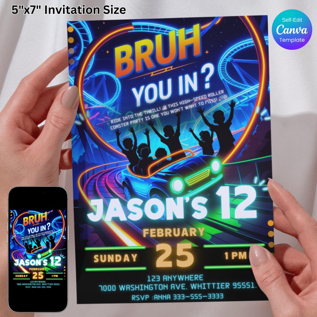 Roller Coaster Birthday Invitation, Theme Park Birthday Invitation ...