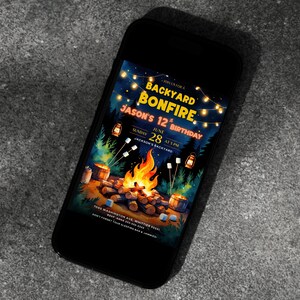 Get ready for a cozy celebration under the stars with this backyard bonfire birthday invitation!  Perfect for outdoor-loving kids, this editable Canva template features warm firelight, marshmallows, and lanterns—ideal for a camping-style birthday party. bonfire birthday invite, campfire party card, kids backyard invite, editable camp party, canva birthday template, outdoor kids birthday, printable bonfire card, camping theme invite, summer night invite, self edit party card, marshmallow birthday