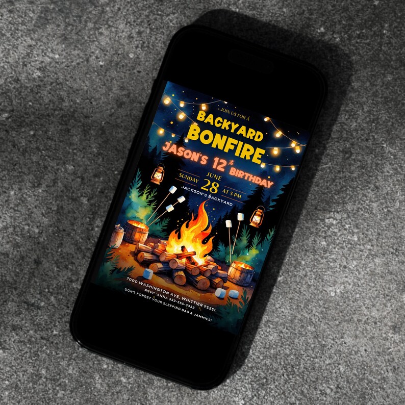Get ready for a cozy celebration under the stars with this backyard bonfire birthday invitation!  Perfect for outdoor-loving kids, this editable Canva template features warm firelight, marshmallows, and lanterns—ideal for a camping-style birthday party. bonfire birthday invite, campfire party card, kids backyard invite, editable camp party, canva birthday template, outdoor kids birthday, printable bonfire card, camping theme invite, summer night invite, self edit party card, marshmallow birthday
