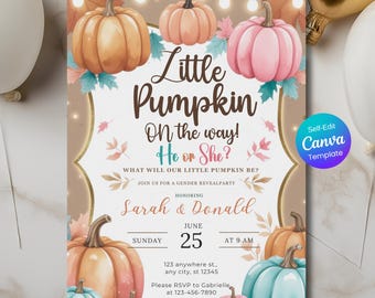 Pumpkin Gender Reveal Invitation, Editable Pink and Blue Pumpkin Gender Reveal Template, A Little Pumpkin Is On The Way, Autumn Baby Shower