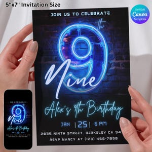 Invito al 9° compleanno al neon, invito alla festa con bagliore al neon blu, download digitale, modello Canva auto-modificabile per ragazzi, festa di compleanno stampabile per ragazzi